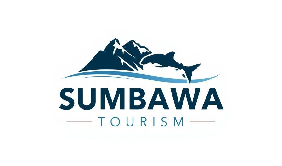 Scenic view of Sumbawa Island with mountains, dolphins, and ocean, promoting Sumbawa tourism, adventure travel, and natural attractions in Indonesia.